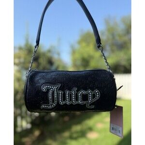 Juicy Couture Black Barrel Handbag Purse Rhinestone Pearl Logo & Chain Strap